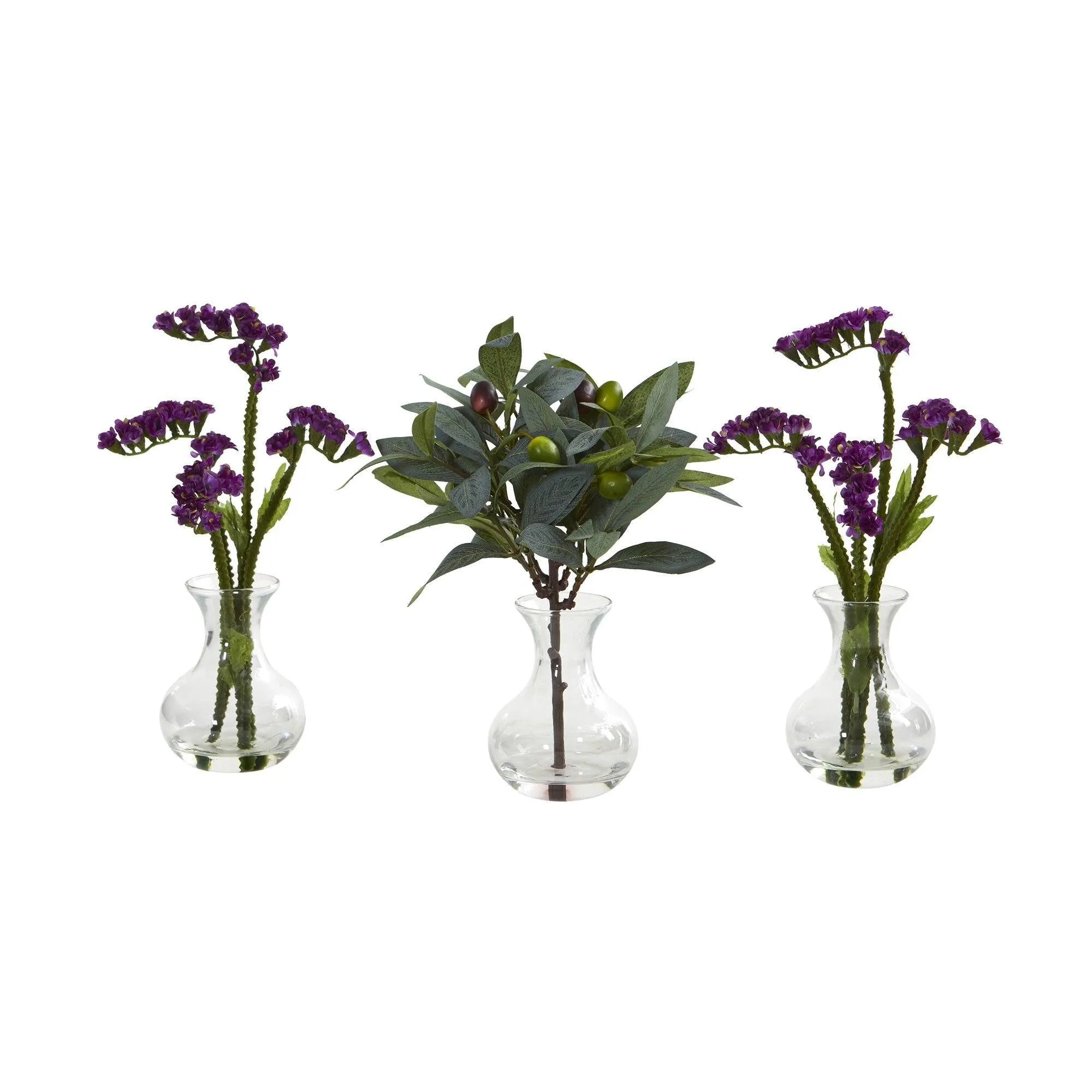 10” Baby Breath and Olive Arrangement in Vase (Set of 3)