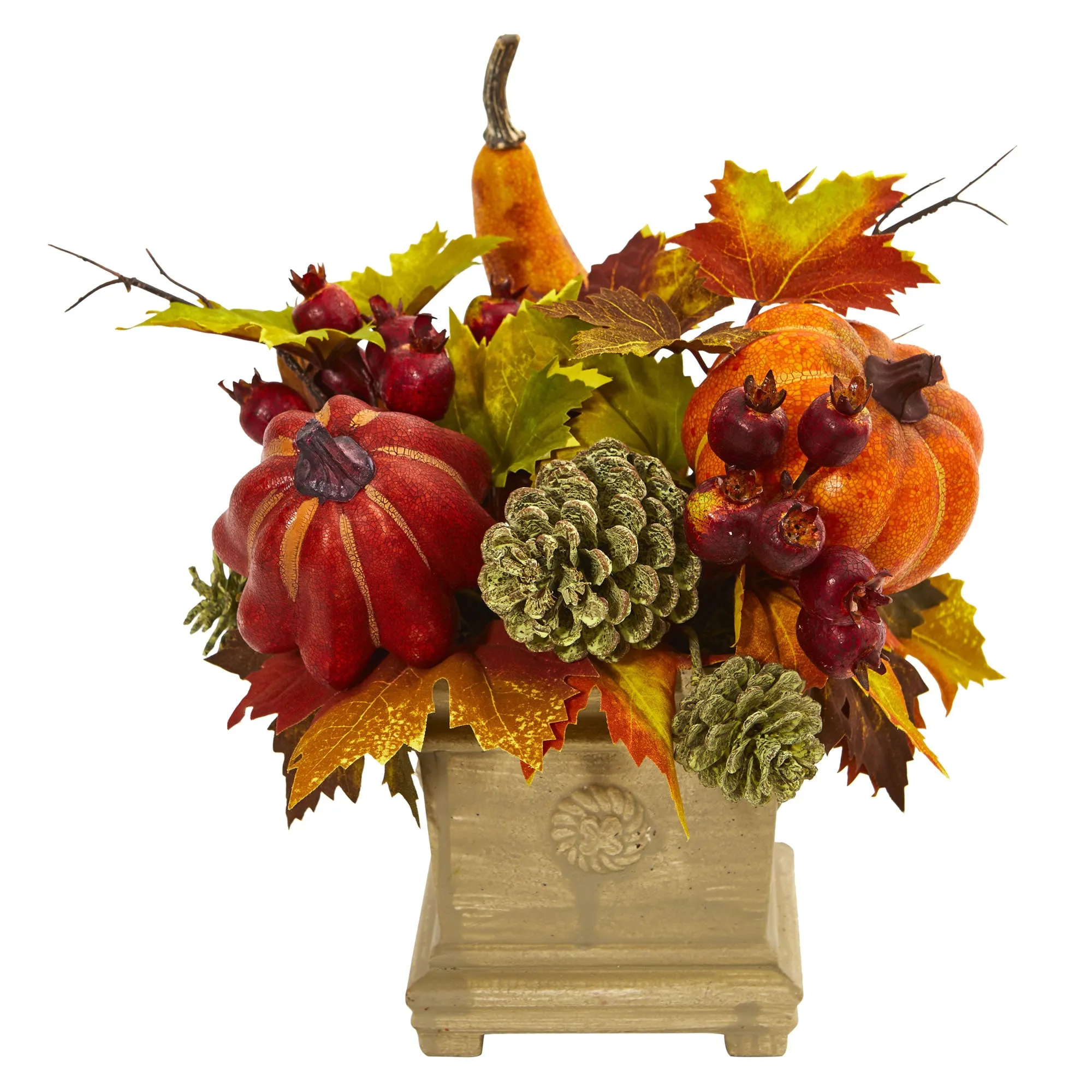 11" Artificial Pumpkin, Gourd, Berry and Maple Leaf Arrangement.