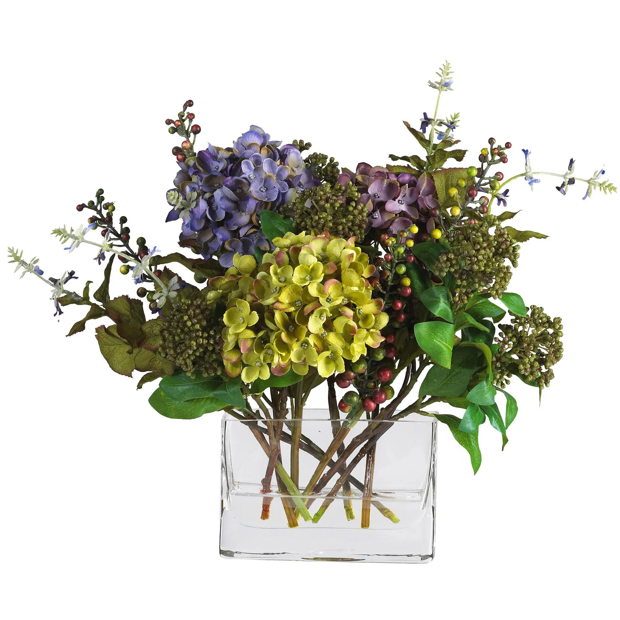 12" Artificial Mixed Hydrangea Arrangement w/Vase - Low Maintenance, Life-Like & Vibrant Silk Flowers For Busy People.