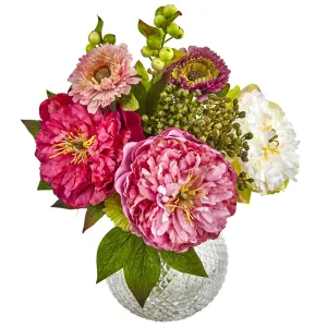 14" Artificial Peony and Mum in Glass Vase - Low Maintenance, Life-Like & Vibrant Silk Flowers For Busy People.