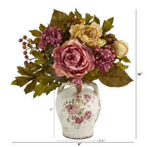 16" Artificial Peony Arrangement in Flower Print Jar, Low Maintenance, Life-Like & Vibrant Silk Flowers For Busy People.