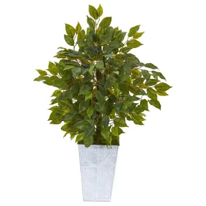 17” Mini Ficus Artificial Tree in Embossed White Planter