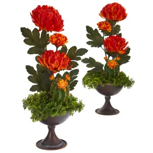 18” Mum and Cactus Artificial Arrangement in Metal Chalice (Set of 2)