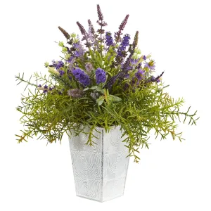 19” Lavender and Rosemary Artificial Arrangement in Embossed White Planter