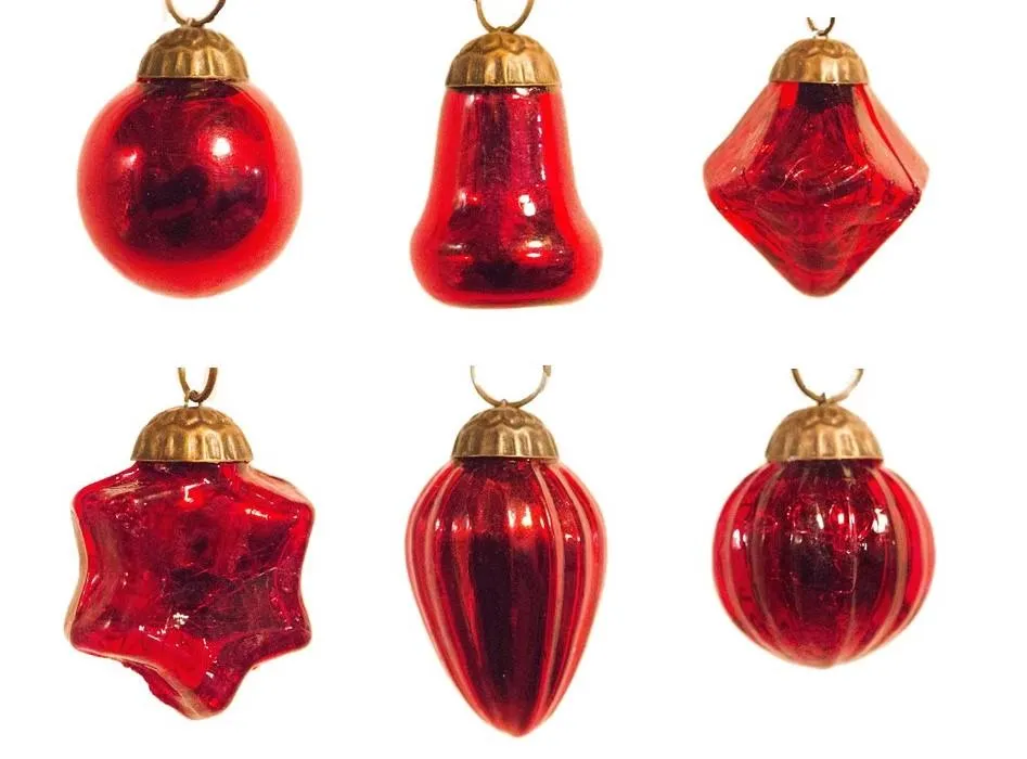 1" Mini Red Mercury Glass Asst Shape Christmas Ornaments, Set of 12