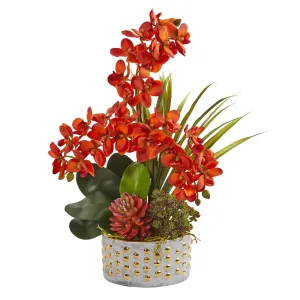 21" Artificial Autumn Phalaenopsis Orchid & Succulent Arrangement - Low Maintenance, Life-Like & Vibrant Silk Flowers For Busy People.