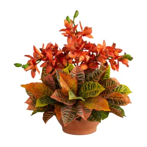 21" Artificial Cymbidium Orchid & Croton Arrangement in Terra Cotta - Low Maintenance, Life-Like & Vibrant Silk Flowers For Busy People.