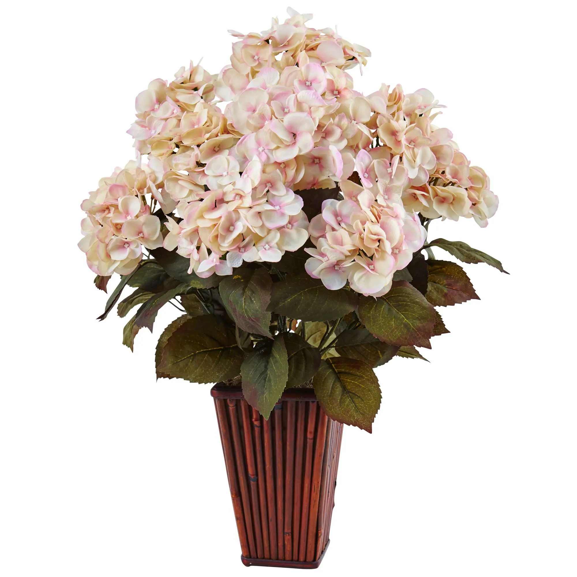 24.5" Artificial Hydrangea in Bamboo Planter - Low Maintenance, Life-Like & Vibrant Silk Flowers For Busy People.