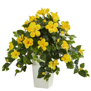 27" Artificial Hibiscus Plant in White Tower Planter - Low Maintenance, Life-Like & Vibrant Silk Plants For Busy People.