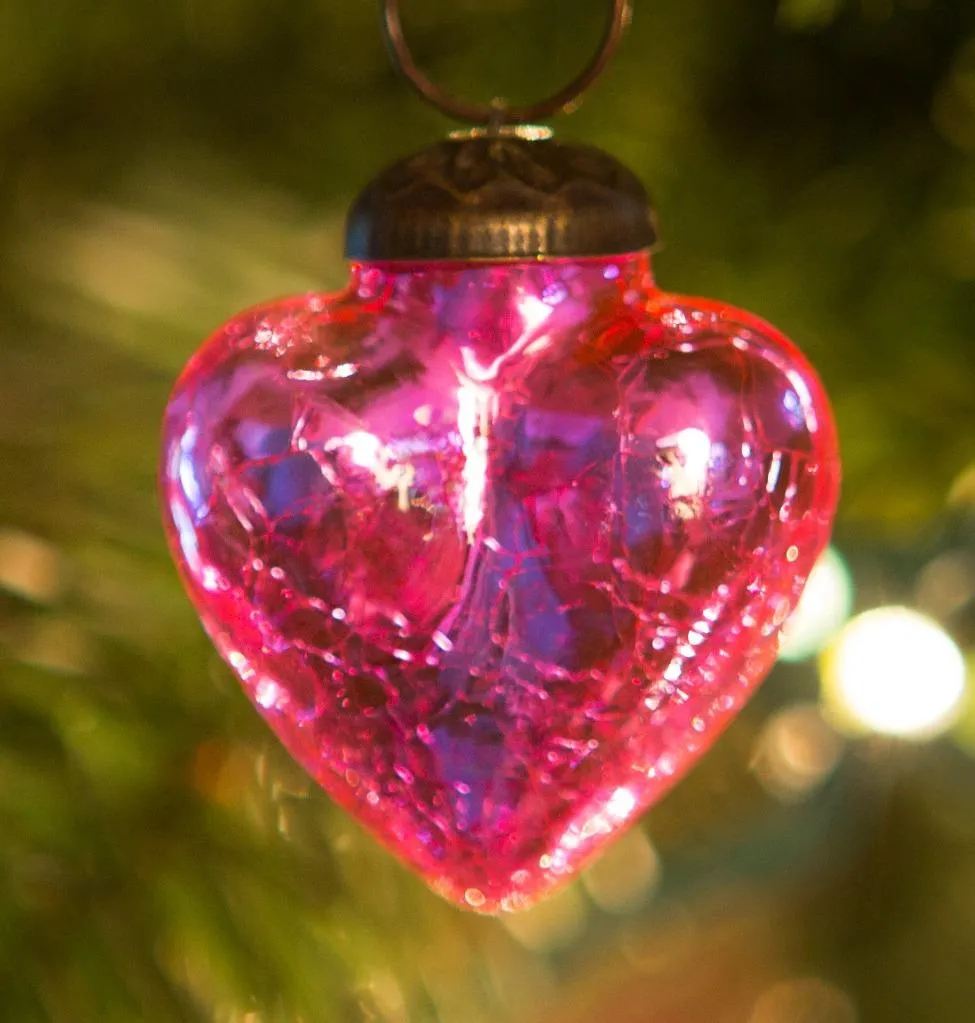 2" Mini Mercury Colored Glass Heart Shaped Ornaments, Set of 6