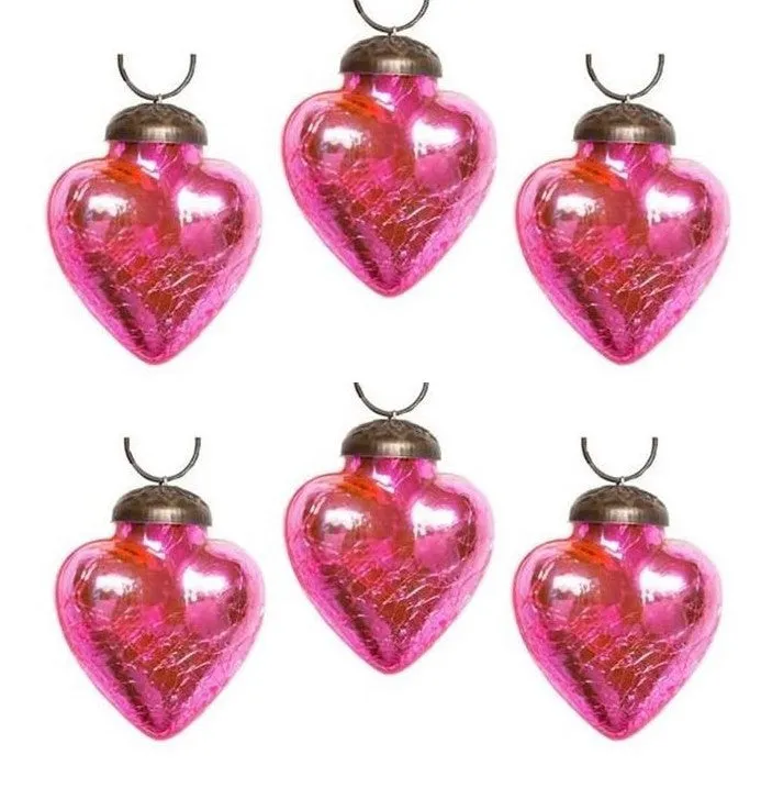 2" Mini Mercury Colored Glass Heart Shaped Ornaments, Set of 6