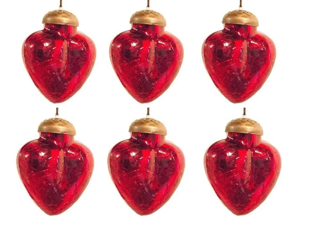 2" Mini Mercury Colored Glass Heart Shaped Ornaments, Set of 6