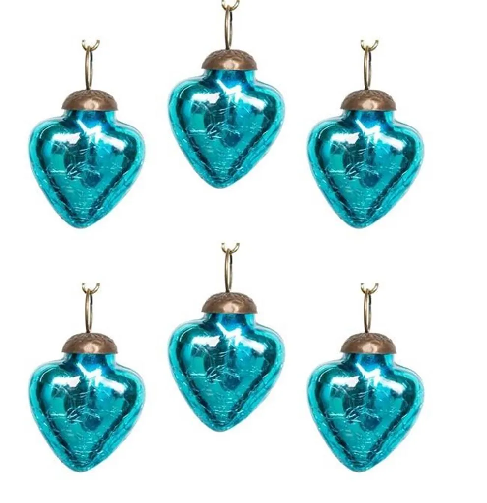 2" Mini Mercury Colored Glass Heart Shaped Ornaments, Set of 6