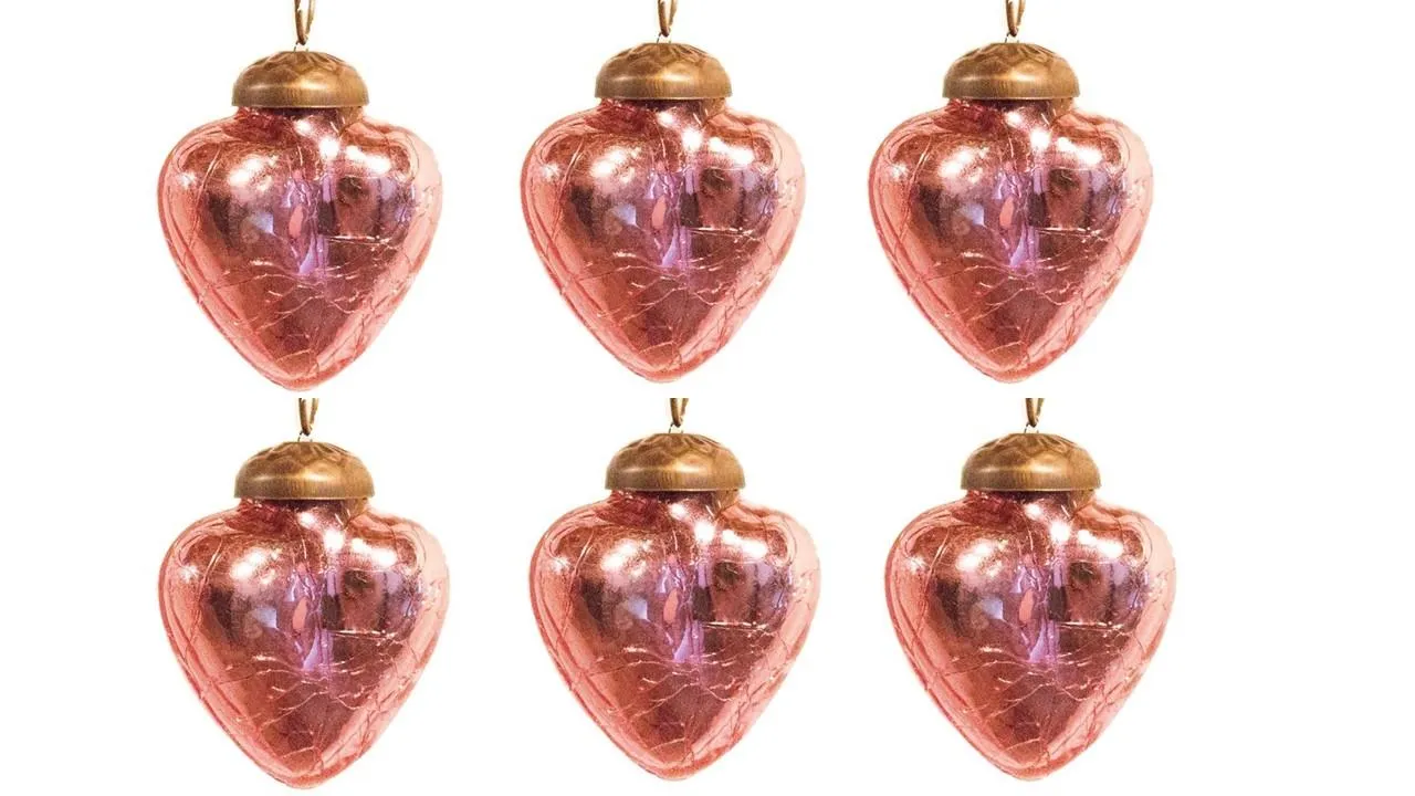 2" Mini Mercury Colored Glass Heart Shaped Ornaments, Set of 6