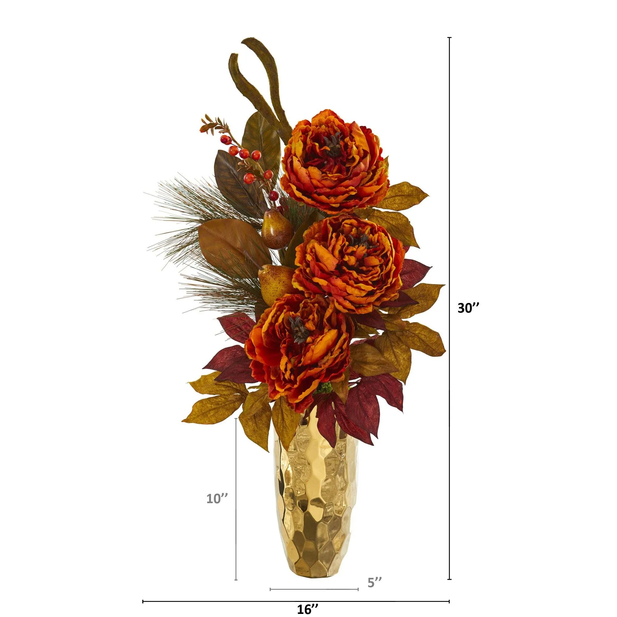 30” Peony, Pear and Magnolia Leaf Artificial Arrangement in Gold Vase