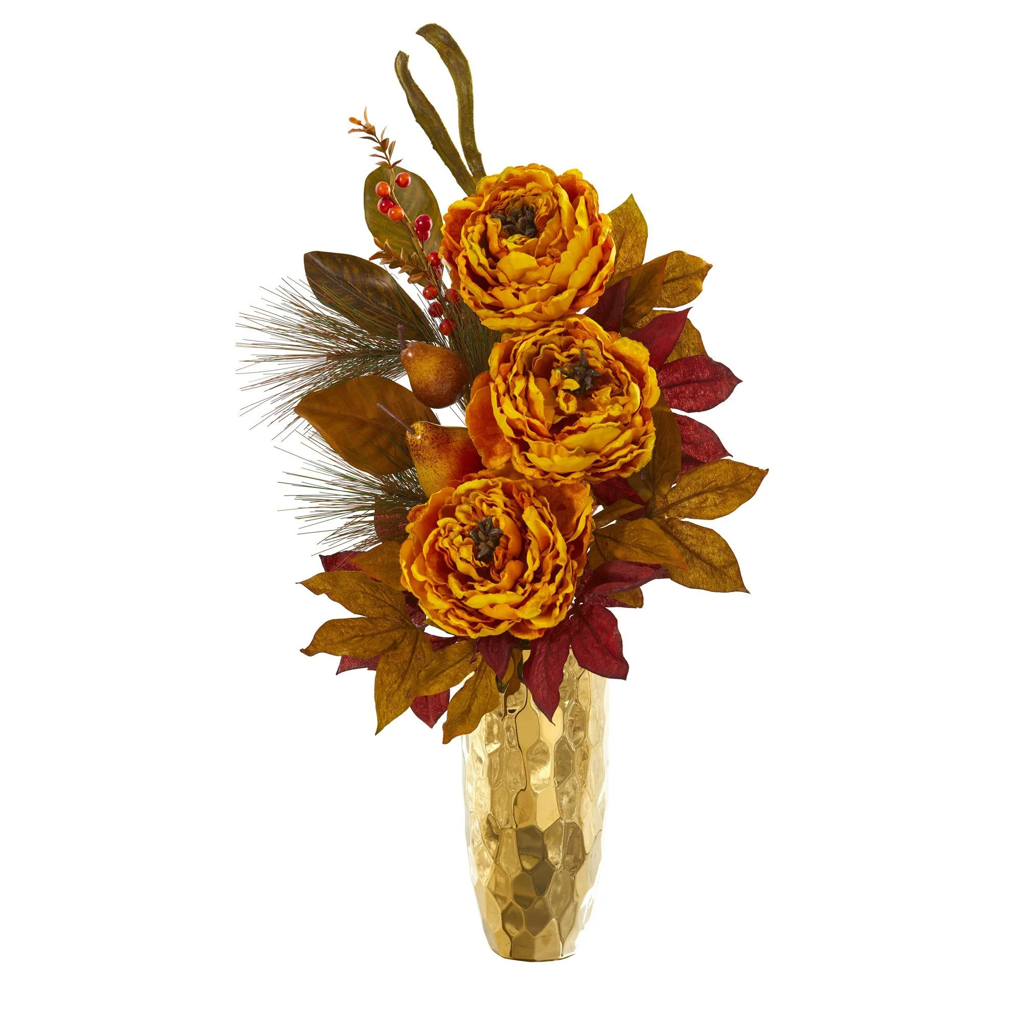 30” Peony, Pear and Magnolia Leaf Artificial Arrangement in Gold Vase