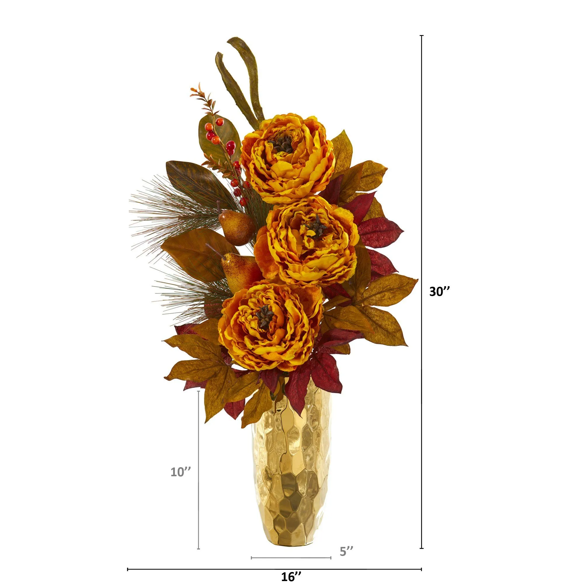 30” Peony, Pear and Magnolia Leaf Artificial Arrangement in Gold Vase