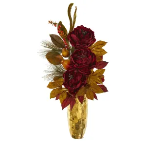 30” Peony, Pear and Magnolia Leaf Artificial Arrangement in Gold Vase