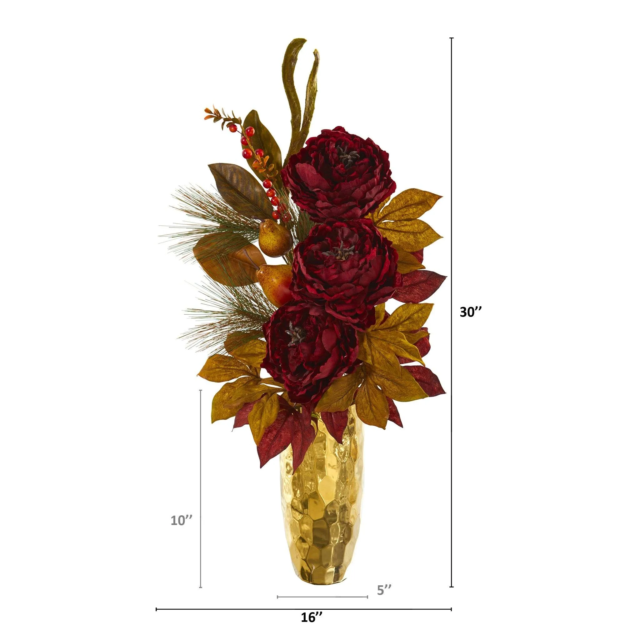 30” Peony, Pear and Magnolia Leaf Artificial Arrangement in Gold Vase