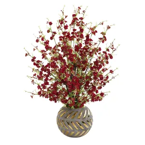 30" Artificial Cherry Blossom Arrangement in Stoneware Vase - Low Maintenance, Life-Like & Vibrant Silk Flowers For Busy People.