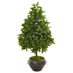 31” Sweet Bay Cone Topiary Artificial Tree in Metal Bowl