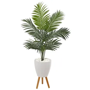 4.5' Artificial Kentia Palm Tree in White Planter with Legs - Low Maintenance, Life-Like & Vibrant Silk Trees For Busy People.