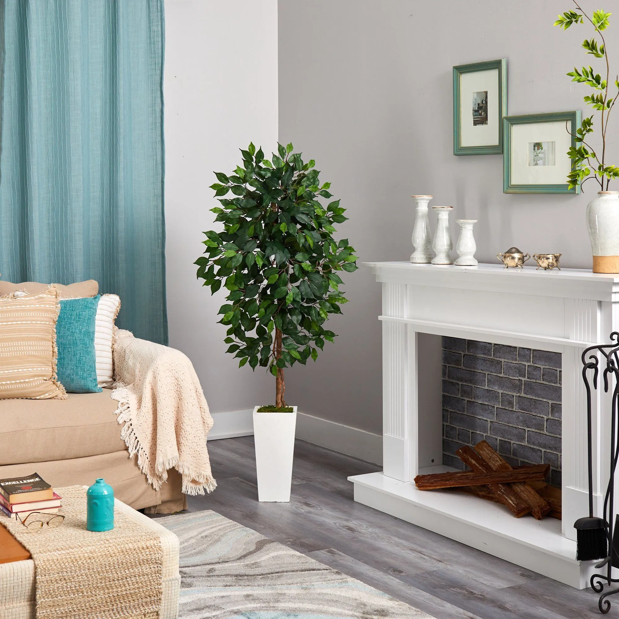 4.5’ Ficus Artificial Tree in White Planter