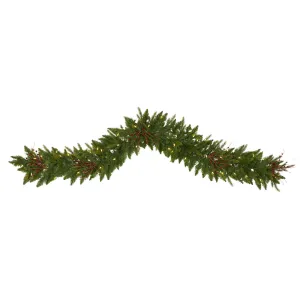 6' Christmas Pine Artificial Garland with 50 Warm White LED Lights and Berries