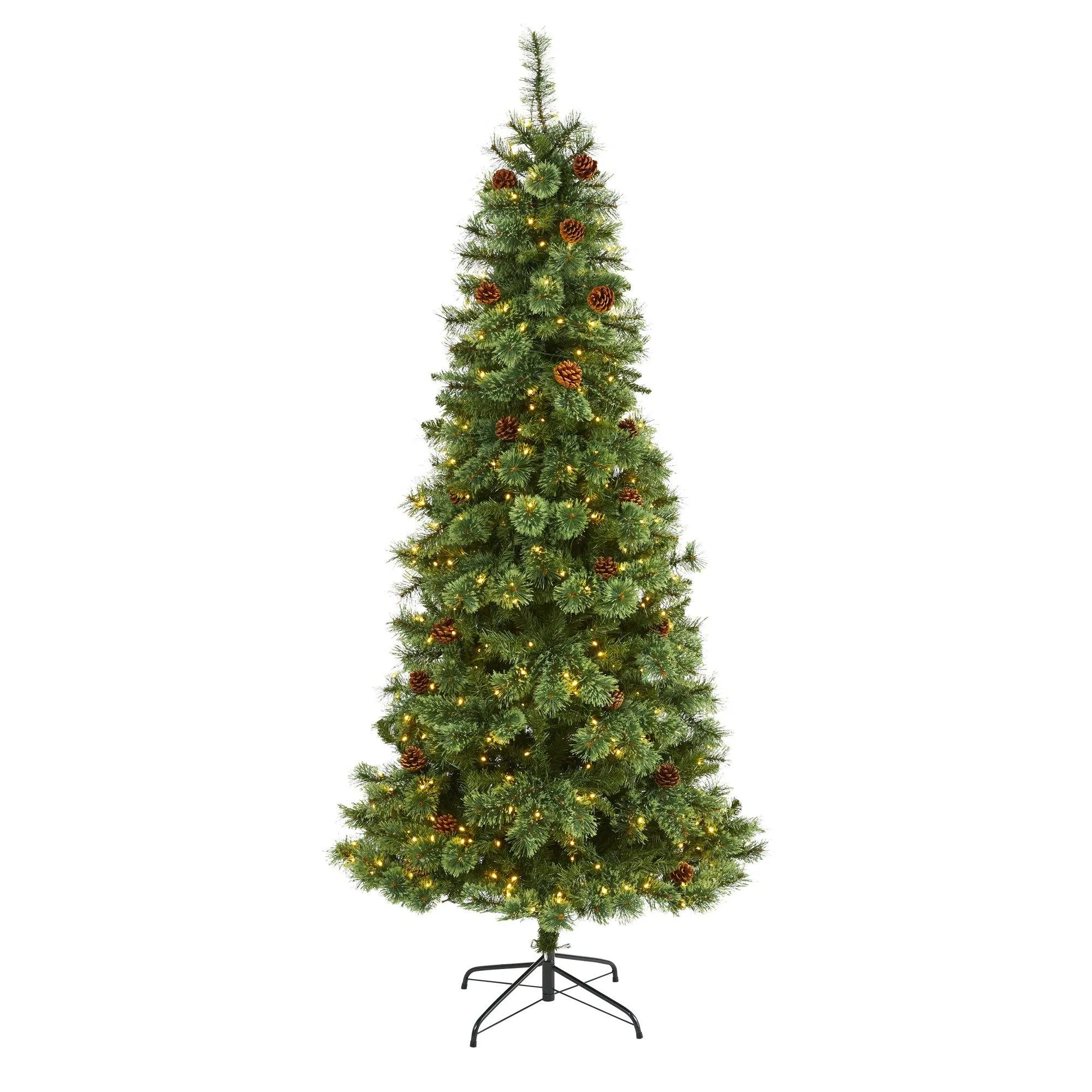 7’ White Mountain Pine Artificial Christmas Tree with 400 Clear LED Lights and Pine Cones