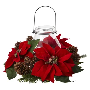 8.75" Artificial Poinsettia & Pine Cone Candelabrum - Low Maintenance, Life-Like & Vibrant Silk Flowers For Busy People.