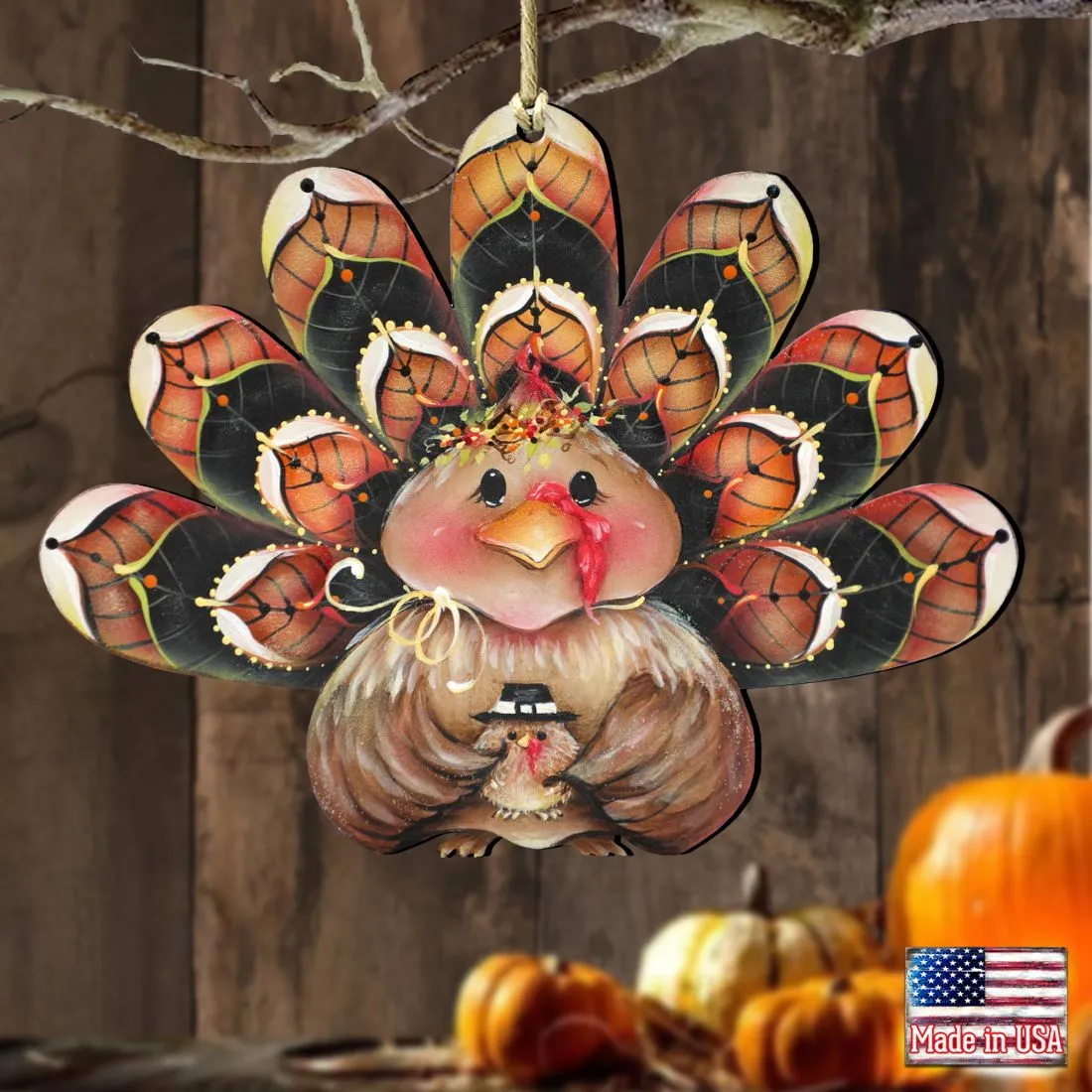 Be Thankful Turkey Sitter Wooden Ornaments by J. Mills-Price - Thanksgiving Halloween Decor - 8457702