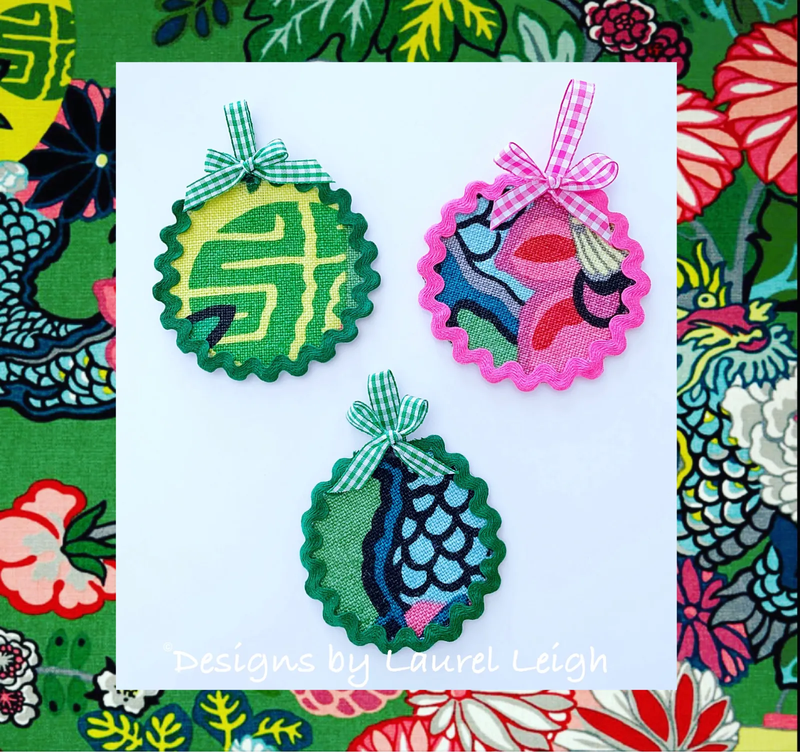 Designer Fabric Ornaments - Pink/Green Schumacher Chiang Mai Dragon