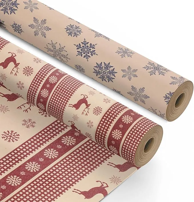 Kraft & Co 2 Pack Christmas Wrapping Paper Roll - Festive Designed Recyclable Kraft Paper, Perfect for Holiday Gifts, Arts & Crafts-Wrapping for a Merry Christmas (44.5cm x 25m)