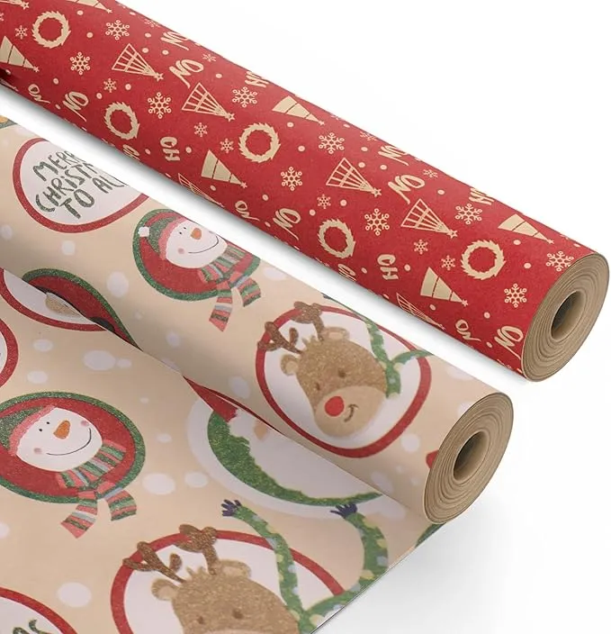 Kraft & Co 2 Pack Christmas Wrapping Paper Roll - Festive Designed Recyclable Kraft Paper, Perfect for Holiday Gifts, Arts & Crafts-Wrapping for a Merry Christmas (44.5cm x 25m)