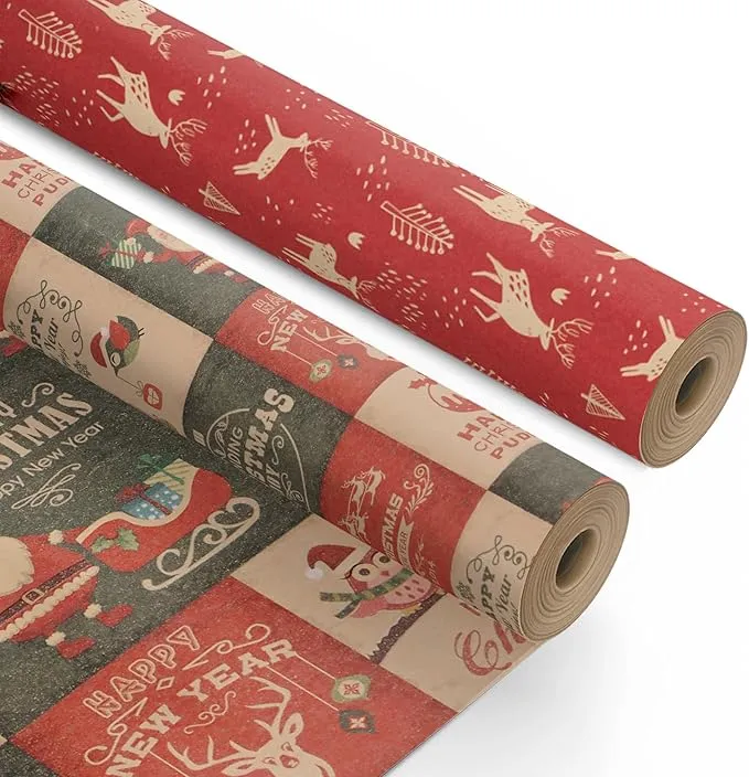 Kraft & Co 2 Pack Christmas Wrapping Paper Roll - Festive Designed Recyclable Kraft Paper, Perfect for Holiday Gifts, Arts & Crafts-Wrapping for a Merry Christmas (44.5cm x 25m)