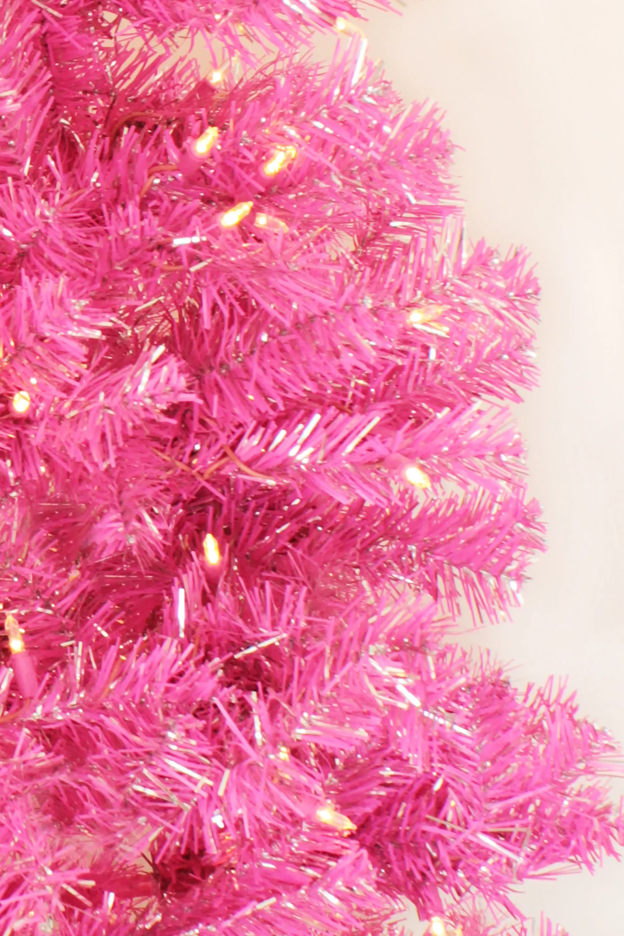 Prelit Pink Christmas Tree with Silver Tinsel Needles Warm White Lights