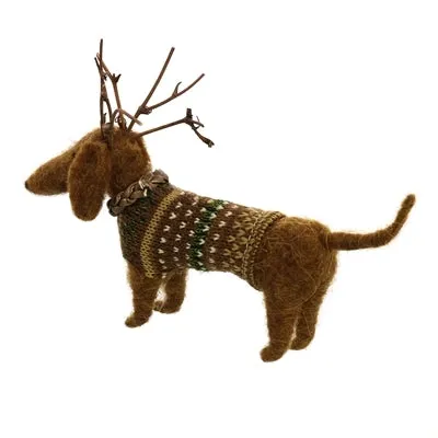 Handcrafted Reindeer Dachshund Felt Christmas Ornament