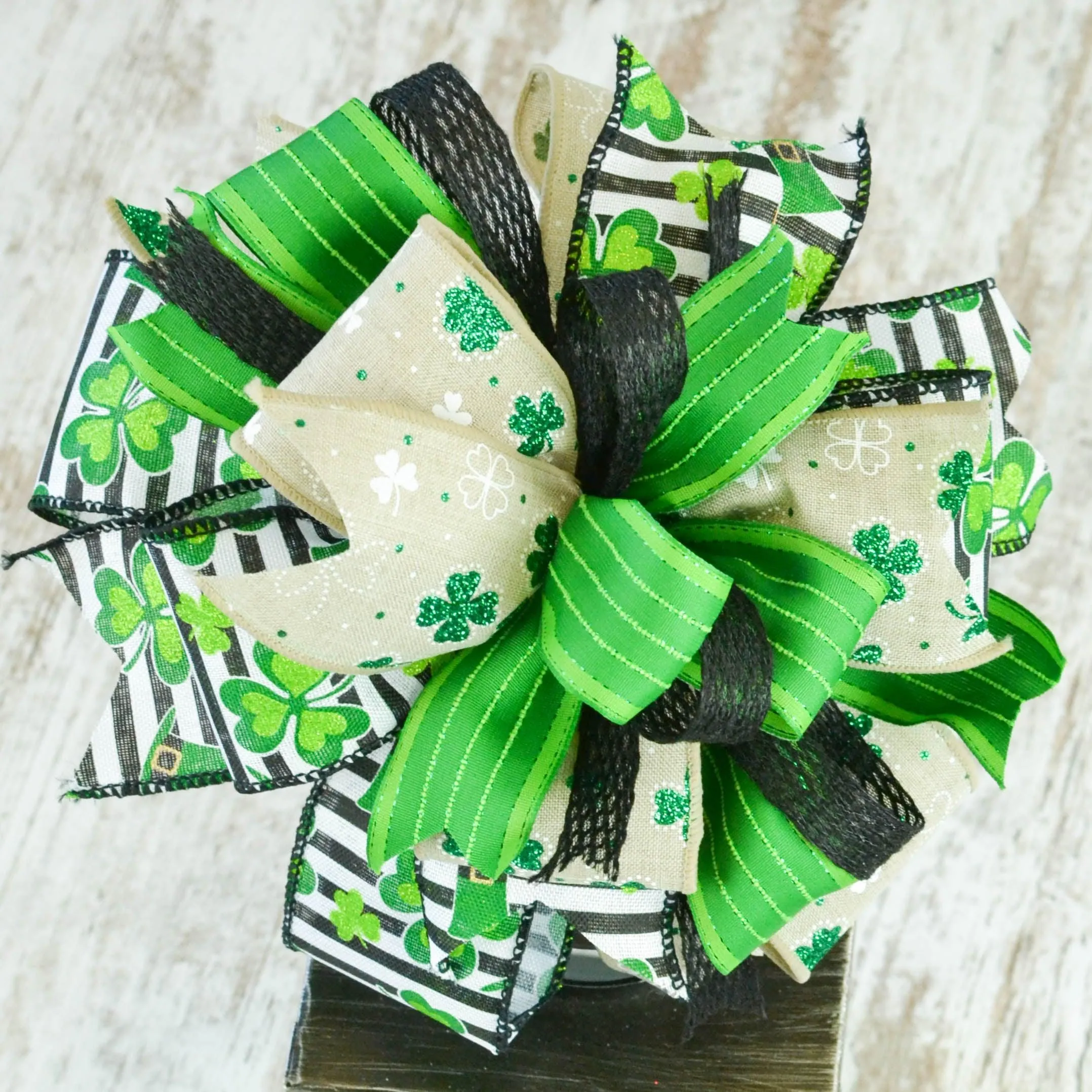 St. Patrick's Day Clover Black White Green Lantern Wreath Bow - Burlap Wreath Embellishment for Making Your Own - Layered Full Handmade Farmhouse Already Made