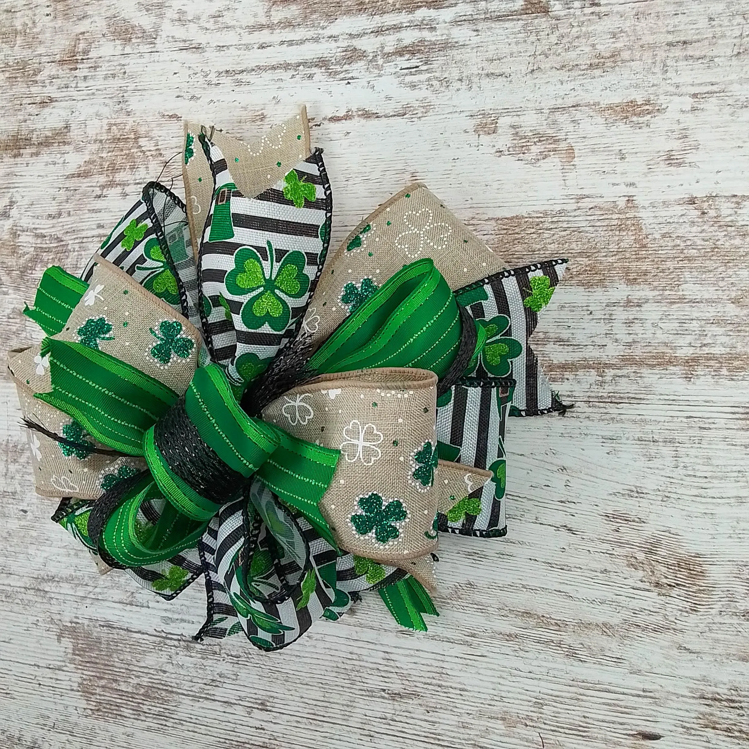 St. Patrick's Day Clover Black White Green Lantern Wreath Bow - Burlap Wreath Embellishment for Making Your Own - Layered Full Handmade Farmhouse Already Made