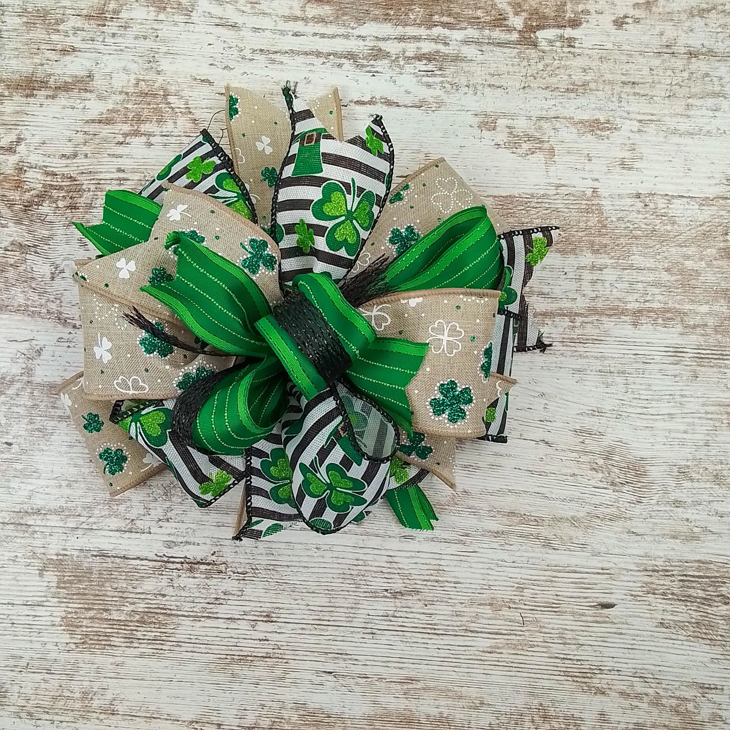 St. Patrick's Day Clover Black White Green Lantern Wreath Bow - Burlap Wreath Embellishment for Making Your Own - Layered Full Handmade Farmhouse Already Made