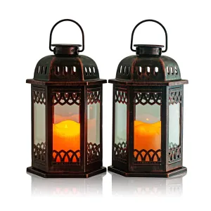 SteadyDoggie Solar Lanterns 2 Pack Bronze - Hanging Solar Lights with Flickering Candle