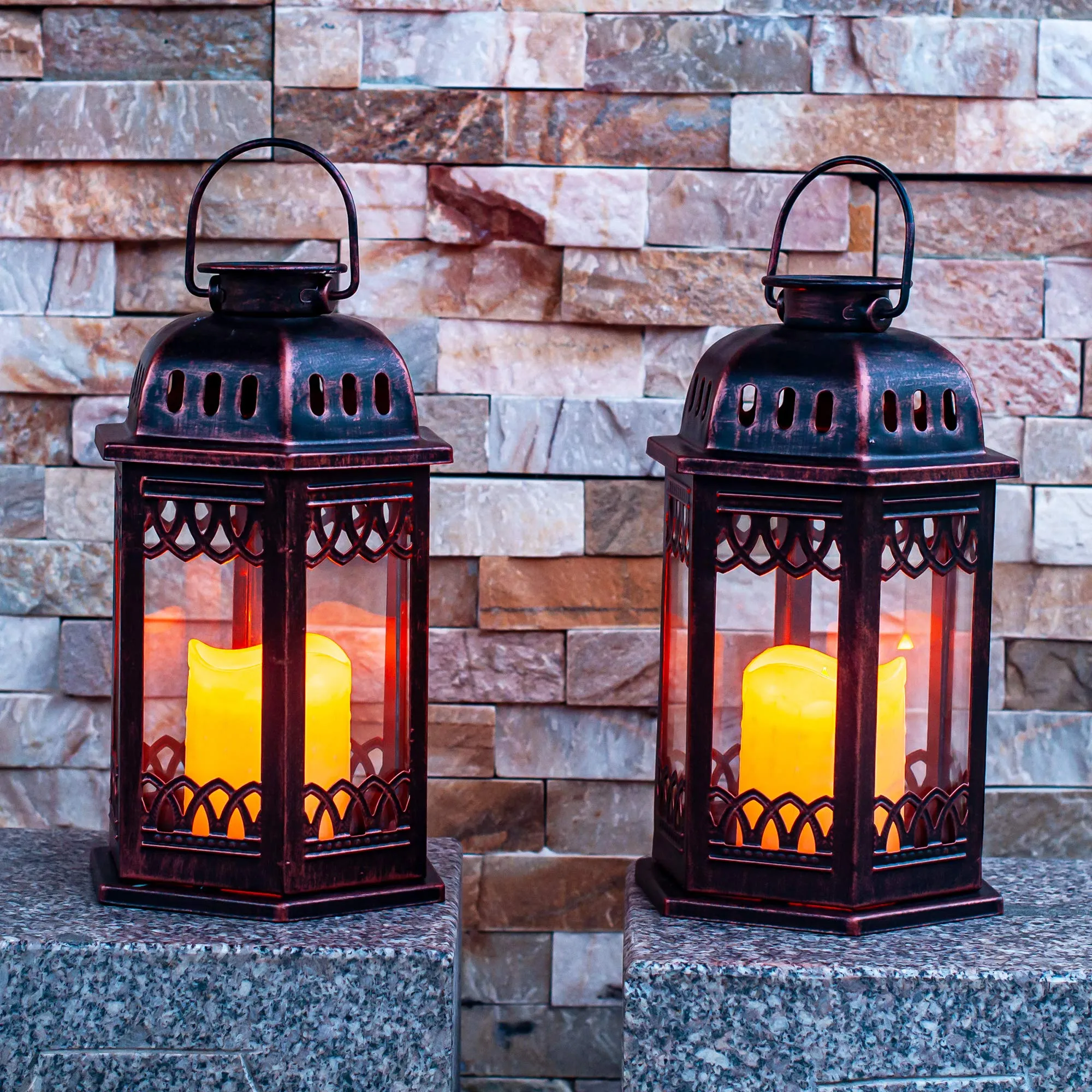 SteadyDoggie Solar Lanterns 2 Pack Bronze - Hanging Solar Lights with Flickering Candle