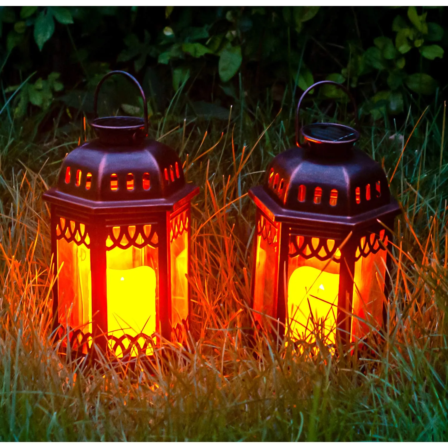 SteadyDoggie Solar Lanterns 2 Pack Bronze - Hanging Solar Lights with Flickering Candle