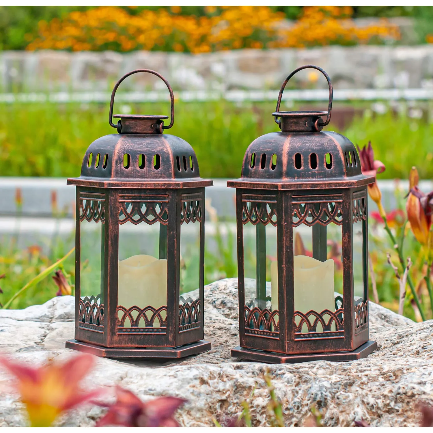 SteadyDoggie Solar Lanterns 2 Pack Bronze - Hanging Solar Lights with Flickering Candle