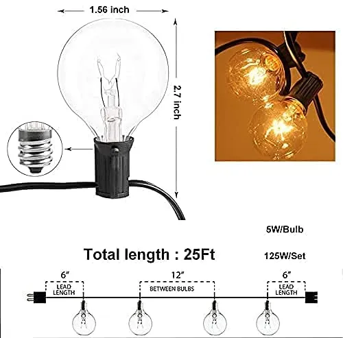 XERGY Outdoor String Lights 25 Feet G40 Globe Patio Lights With 26 Edison Glass Bulbs(1 Spare), Waterproof Connectable Hanging Light (Incandescent ,Warm White), Corded Electric